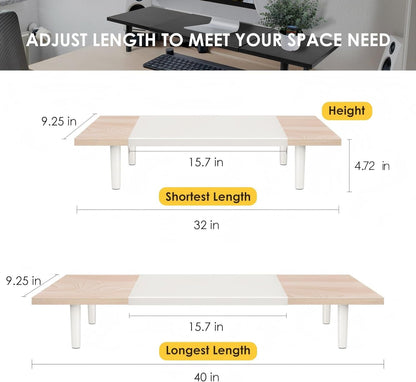 Across-Star Dual-Monitor-Stand-Riser-For-Desk Adjustable Length 32-40 Inch，Large Desktop Computer Monitor Riser For 2 Screens，Desk Shelf Organizer Riser Stand For Computer/Laptop/PC/Printer/TV Black