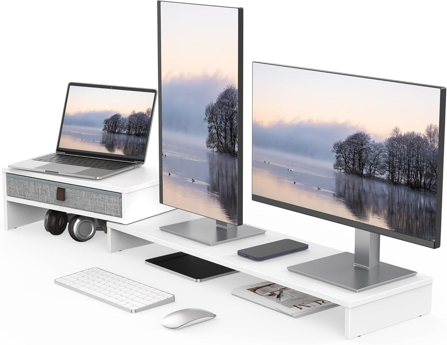 Fenge Computer Monitor Riser Stand with Drawer for 2 or 3 Monitors ,Adjustable Length and Angle Desktop Laptop Stand,Office Organizer,Printer,Black