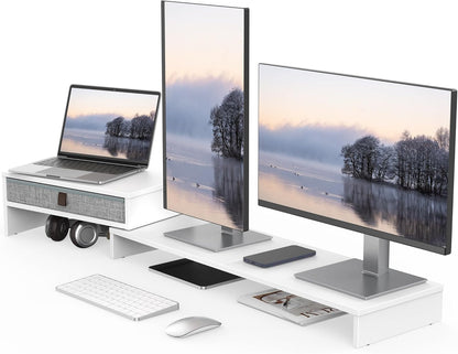 Fenge Computer Monitor Riser Stand with Drawer for 2 or 3 Monitors ,Adjustable Length and Angle Desktop Laptop Stand,Office Organizer,Printer,Black
