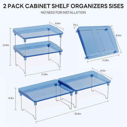STARLATTA 2 Pcs Cabinet Organizer Shelf, Stackable Kitchen Counter Shelves, Spice Rack,Countertop Organizers, Clear Plastic Storage Shelves Rack for Makeup,Bathroom,Cupboard,Desk,Pantry Organization