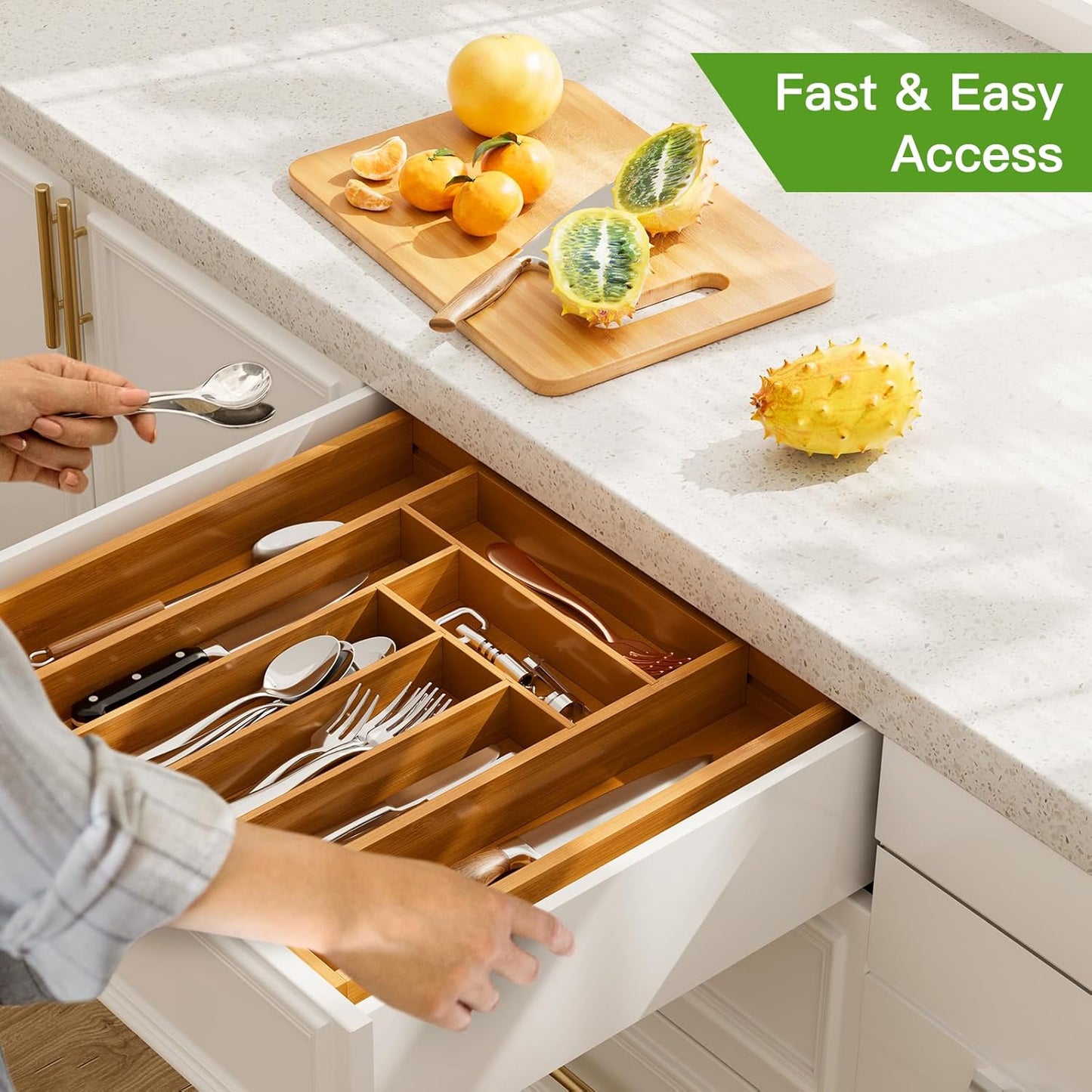 Pipishell Bamboo Expandable Silverware Drawer Organizer, Adjustable Kitchen Utensil Tray for Forks, Spoons and Knives, Wood Storage Cutlery Holder for Bedroom and Living Room