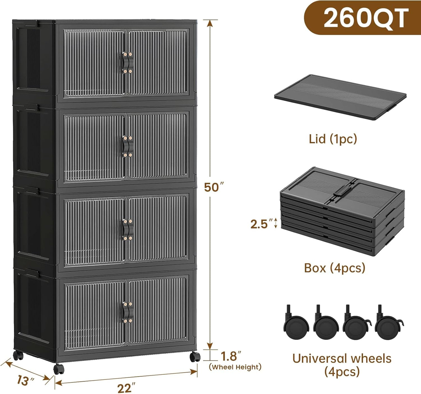 SAILUN 145Gal/580Qt Collapsible & Stackable Storage Bins with Door & a Lid,Perfect for Blanket Storage, Pillow Organizer, Bedroom Closet & Living Room, Black 26" W x 17" D x 71" H