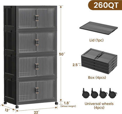 SAILUN 145Gal/580Qt Collapsible & Stackable Storage Bins with Door & a Lid,Perfect for Blanket Storage, Pillow Organizer, Bedroom Closet & Living Room, Black 26" W x 17" D x 71" H