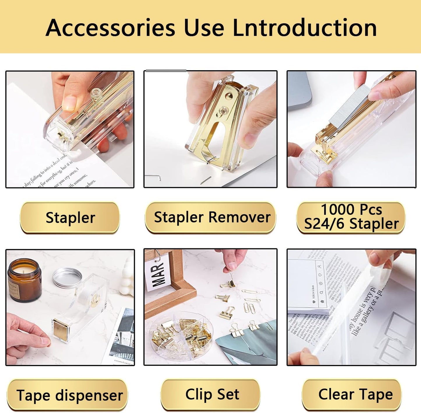 suniya Office Supplies,Gold Desk Accessories,with Stapler,Tape Dispenser,Pen Holder,Scissors,Phone Stand,Staple Remover,Ballpoint Pen,Clear Tape, Staples,Ruler,Clips,Best Gift for Business or Boss