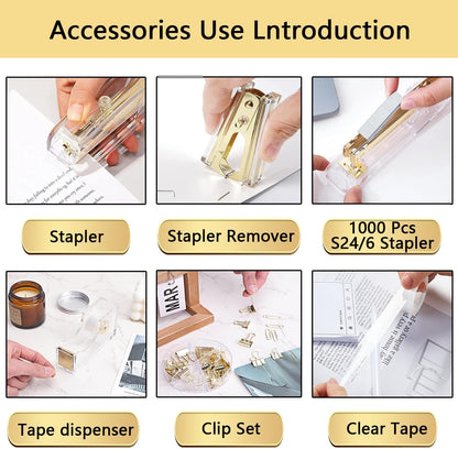 suniya Office Supplies,Gold Desk Accessories,with Stapler,Tape Dispenser,Pen Holder,Scissors,Phone Stand,Staple Remover,Ballpoint Pen,Clear Tape, Staples,Ruler,Clips,Best Gift for Business or Boss
