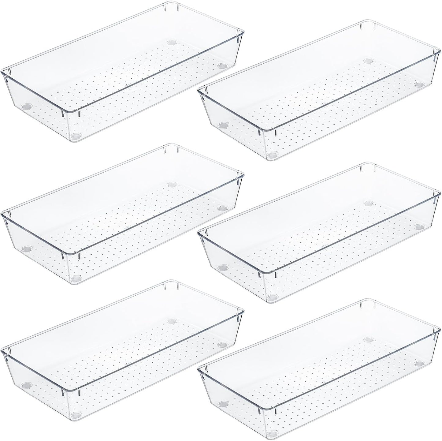 Kingrol 6 Pack 12 x 6 x 2 Inch Clear Drawer Organizer Trays, Desk Drawer Divider Storage Bins, Storage Box Set for Utensils Junks Vanities Makeups Jewelry Office Craft Supplies
