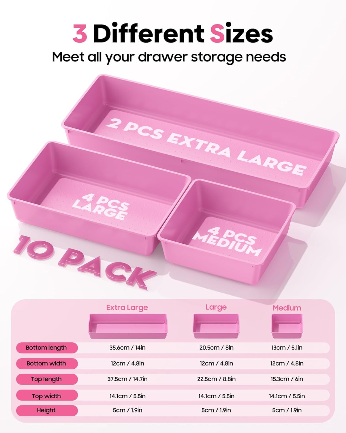 10 Pack Large Size Plastic Drawer Organizers Set, 3 Sizes Desk Drawer Organizer Trays, Storage Bins for Vanity, Makeup, Bathroom, Kitchen Utensils and Office (Black)