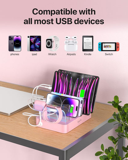 SooPii Premium 6-Port USB Charging Station Organizer for Multiple Devices, 6 Short Charging Cables and One Upgraded i-Watch Charger Holder Included, for Phones, Tablets, and Other Electronics, White