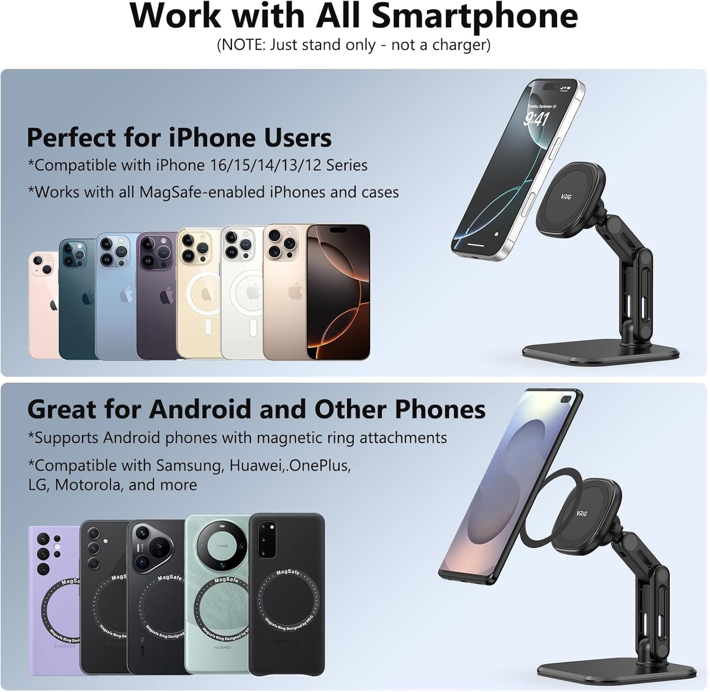VRIG Magnetic Phone Stand for Desk,Adjustable Foldable & Portable MagStand with Angle Adjustment Cell Phone Holder for iPhone 17 16 15 14 13 12 Pro Max & MagSafe Case