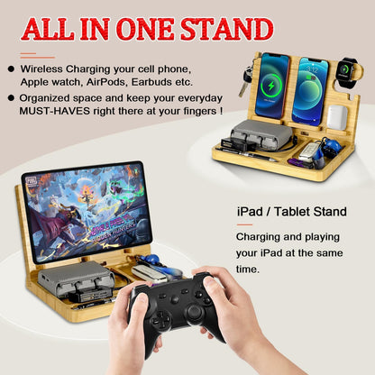 Wood Phone Docking Station Nightstand Organizer for Men 27W 2 Phone Wireless Charging Station with 4 Wireless Charger Stand for iPhone Apple Watch AirPod Mens Birthday Gift Ideas Key Holder