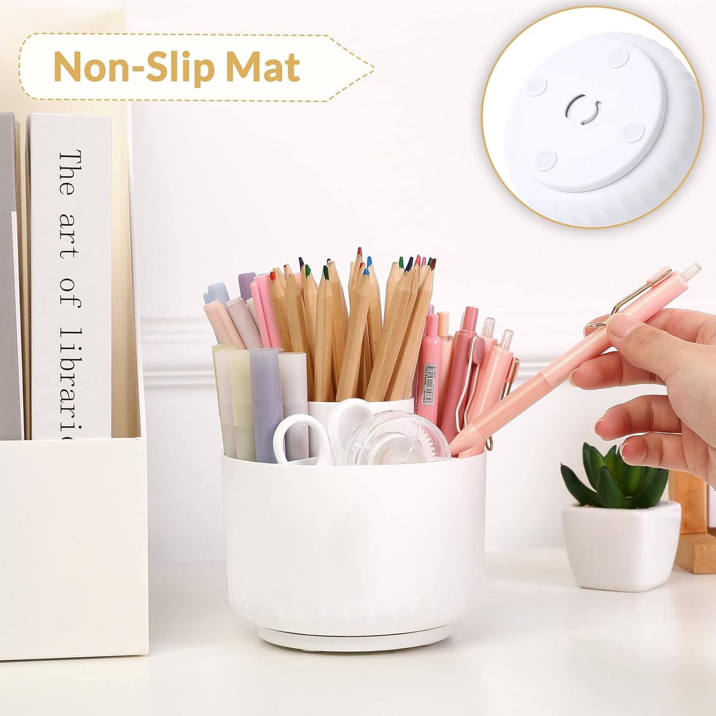 SKYDUE 360 Degree Rotating Pencil Pen Holder for Desk, Dual-Purpose Desk Organizer, Rotating Pencil Cup with 5 Slots, Office Supplies, Desk Decor for Office, School, Home