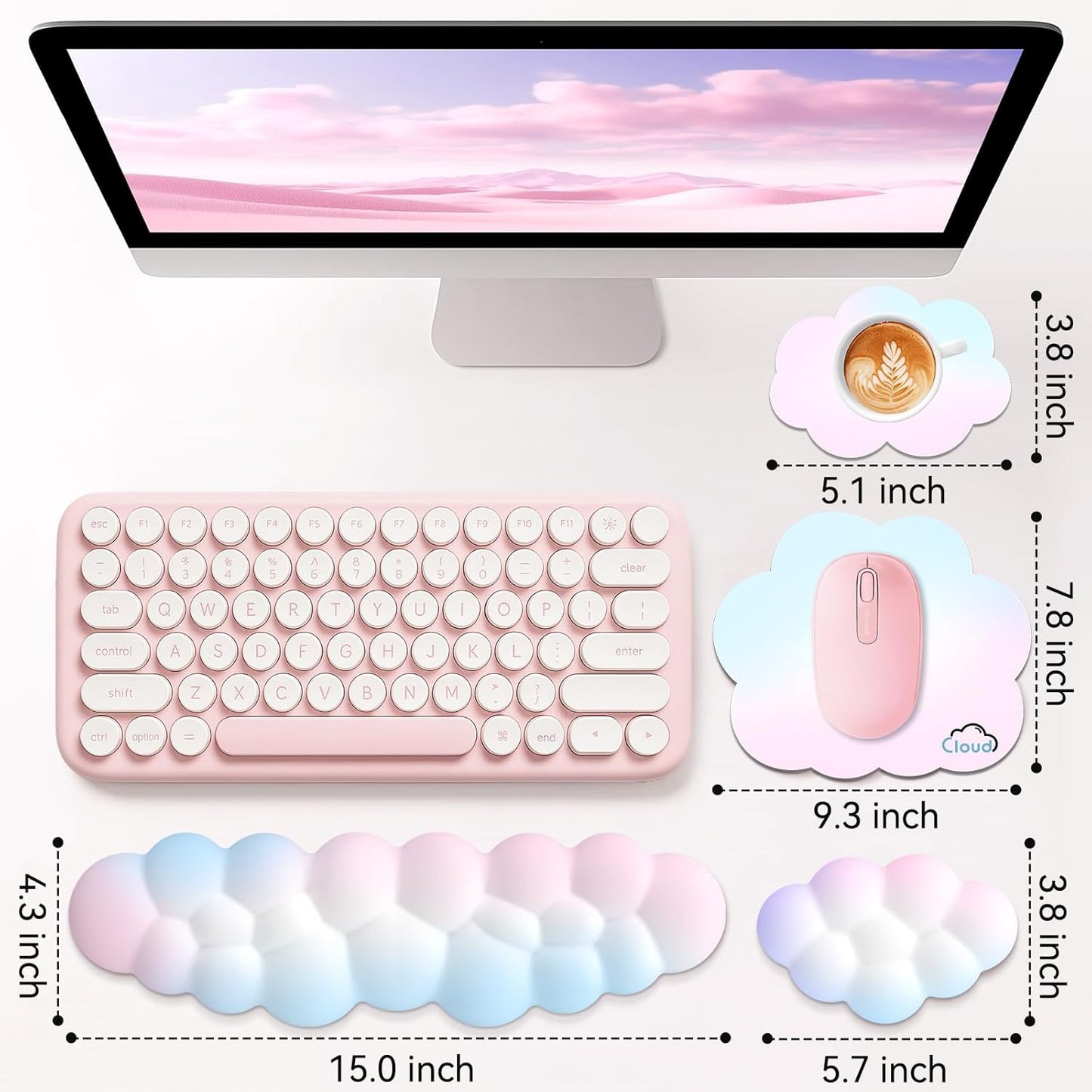 Sushret Cloud Wrist Rest for Computer Keyboard, 4-in-1 Memory Foam Leather Cloud Keyboard Wrist Rest and Mouse Pad Set with Ergonomic Support for Arm and Palm Cushion, Gaming/Work Setup, Rainbow