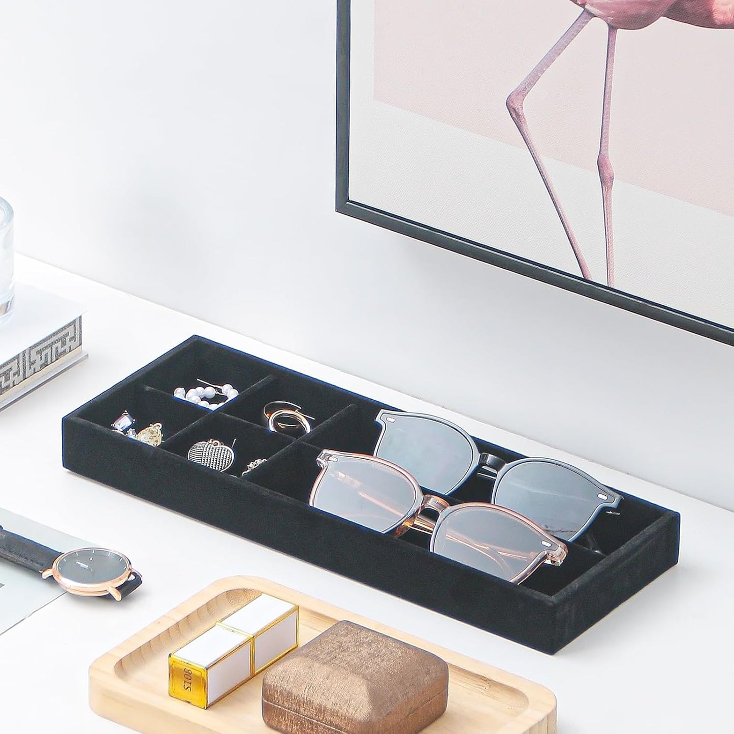 Divided Drawer Organizer Tray, Velvet Jewelry Storage Tray, Necklace Bracelet Ring Earring Display Tray,Bedside Nightstand Desk Holder Tray for Phone Watch Sunglasses Cosmetics Storage/Beige/1grid