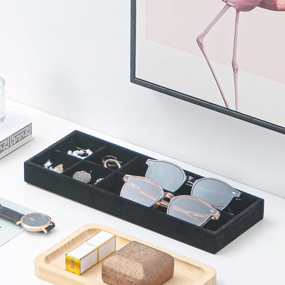 Divided Drawer Organizer Tray, Velvet Jewelry Storage Tray, Necklace Bracelet Ring Earring Display Tray,Bedside Nightstand Desk Holder Tray for Phone Watch Sunglasses Cosmetics Storage/Beige/1grid