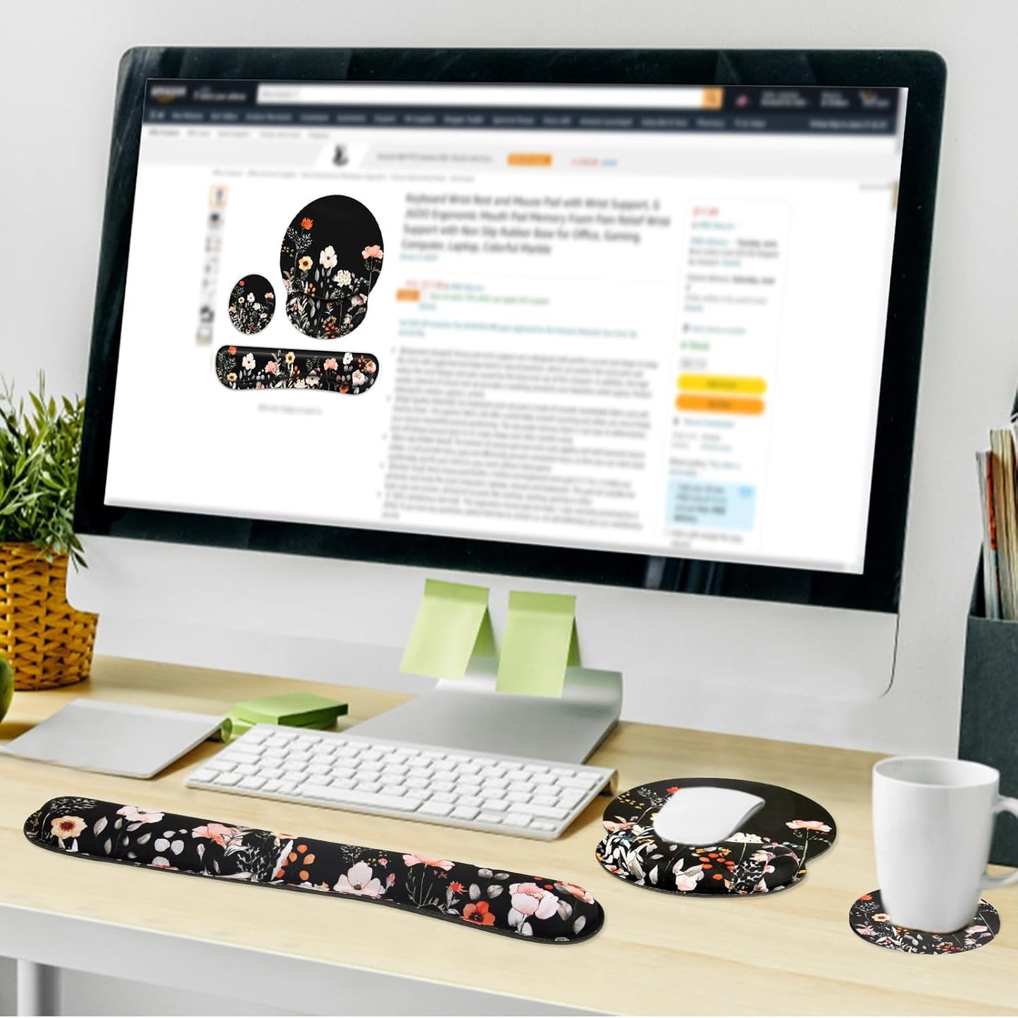 Ergonomic Mouse Pad with Wrist Rest and Keyboard Wrist Rest, Memory Foam Wrist Rest for Computer Keyboard, Easy Typing, Pain Relief, Mouse Pad Wrist Support for Gaming,Office, Laptop, Black Flower