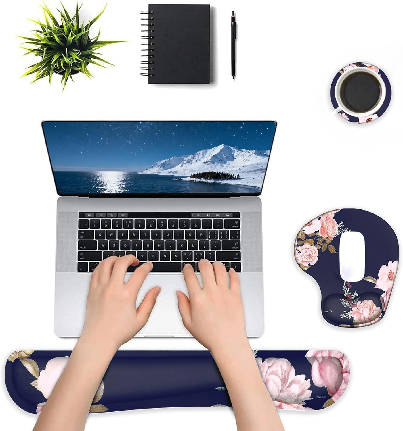 MOSISO Wrist Rest Support for Mouse Pad&Keyboard Set, Curved Peony Ergonomic Mousepad&Coaster Non-Slip Base Home/Office Pain Relief&Easy Typing Cushion with Neoprene Cloth&Raised Memory Foam, Black