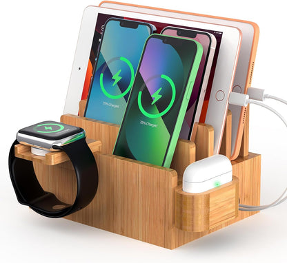Pezin & Hulin Bamboo Charging Station for Multiple Devices with 5 Port USB Charger, 5 Cables, Watch&Earbuds Stand, Electronic Device Desktop Organizer for Cellphone, Tablet, Watch, Earbuds