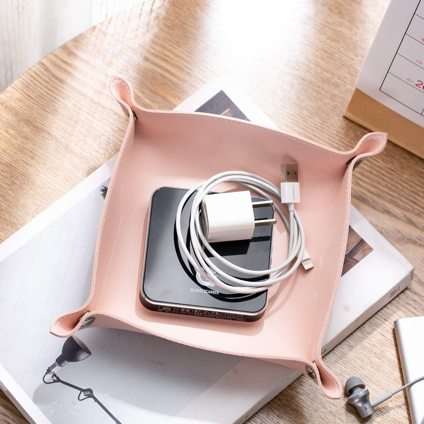 SANQIANWAN Leather Jewelry Valet Tray for Women and Man, Entryway Table Bedside Nightstand Desk Portable Small Catchall Travel Dish Plate for Key,Wallet,Watch,Phone,Coin(Pink-B)
