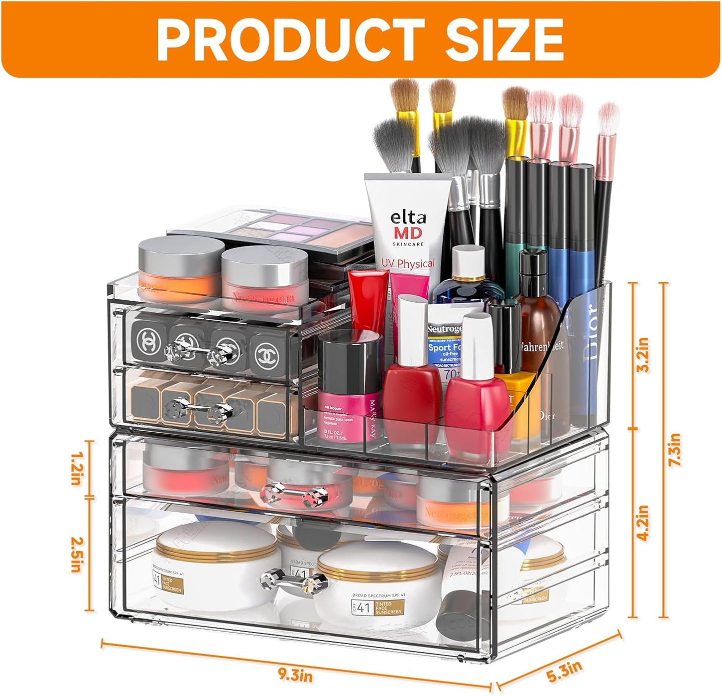Acrylic Clear Makeup Organizer Countertop,Stackable Skincare Organizer for Vanity With 8 Drawers,Large Plastic Desk Accessories Organization,Bathroom Cosmetic Organizer Countertop for Beauty,Skin Care