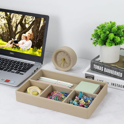 Buqoo PU Leather Valet Tray, Office Supplies Organizer, Stackable Desktop Organizer and Accessories Drawer Organizer for Storing Office Supplies, Jewelry, Cosmetics, Beige
