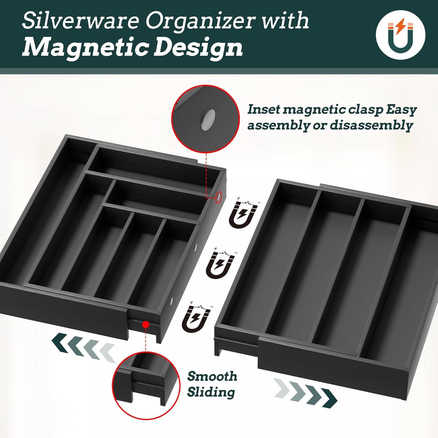 Silverware Organizer Large, Magnetic Connected Expandable 13 Slots Silverware Drawer Organizer From 21 to 37.4 Inches, Adjustable Flatware and Cutlery Holder, Bamboo Utensil Tray for Kitchen Natural