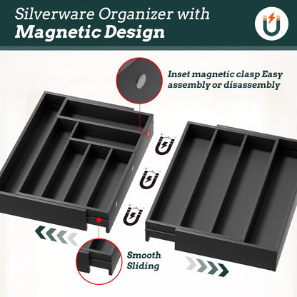 Silverware Organizer Large, Magnetic Connected Expandable 13 Slots Silverware Drawer Organizer From 21 to 37.4 Inches, Adjustable Flatware and Cutlery Holder, Bamboo Utensil Tray for Kitchen Natural