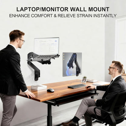 WALI Laptop Desk Mount for 17 inch Notebook, Adjustable Single Monitor Arm with Laptop Holder for 32 inch Screen, Laptops Stand with Ventilated Tray, Up to 22 lbs, (M00LP), Black