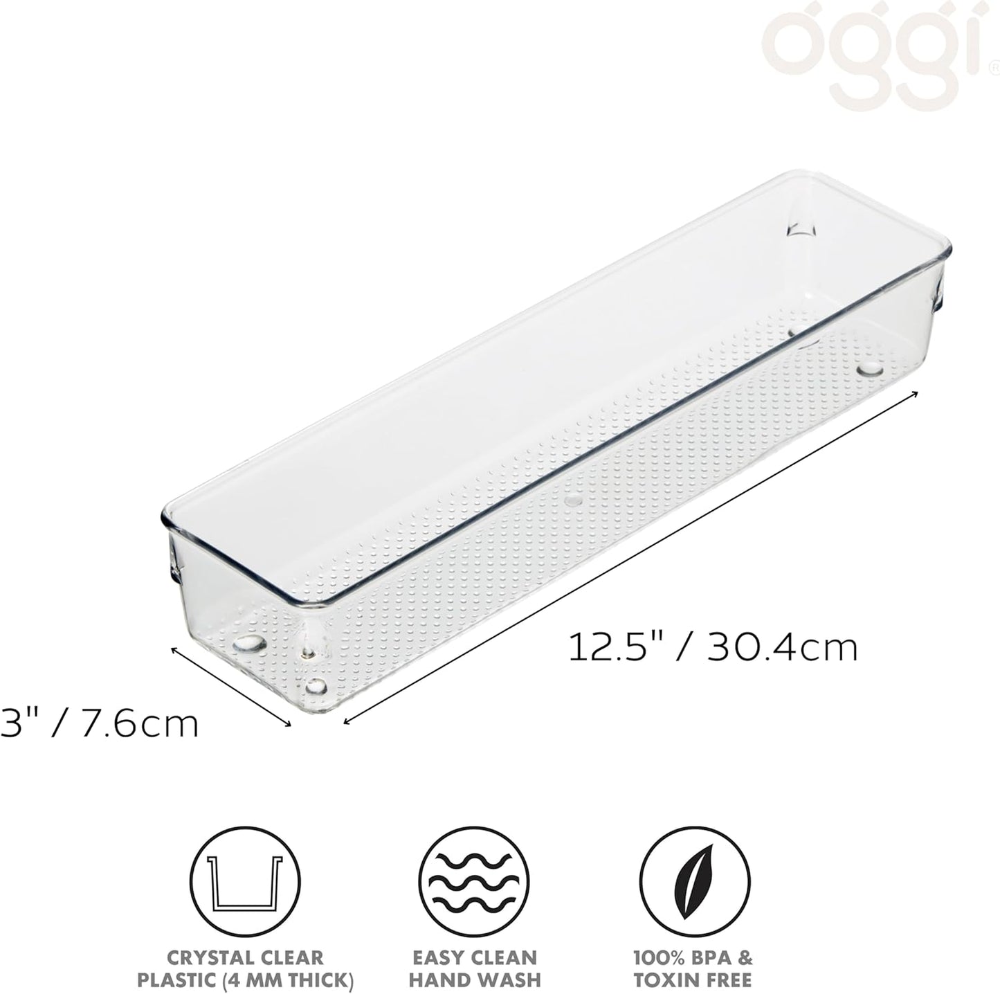 Oggi Set of 5 Clear Drawer Organizers - (1) 3x6.25, (2) 3x9.5, (2) 3x12.5 - Ideal for Organizing Kitchen Drawers, Office, Desk, Silverware, Kitchen Utensils, Cosmetics and Bathrooms