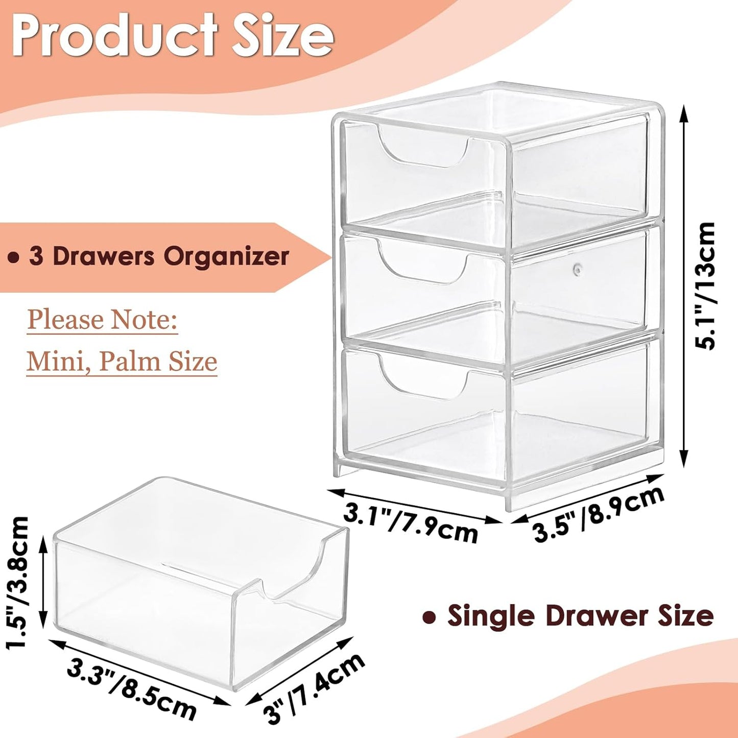 BTSKY 1 Pack Small Acrylic Storage Organizer with Drawers, 3-Layer Clear Desktop Organizer for Office Supplies Mini Storage Box with Drawers for Desk, Desktop Makeup Drawer Jewelry Storage Box