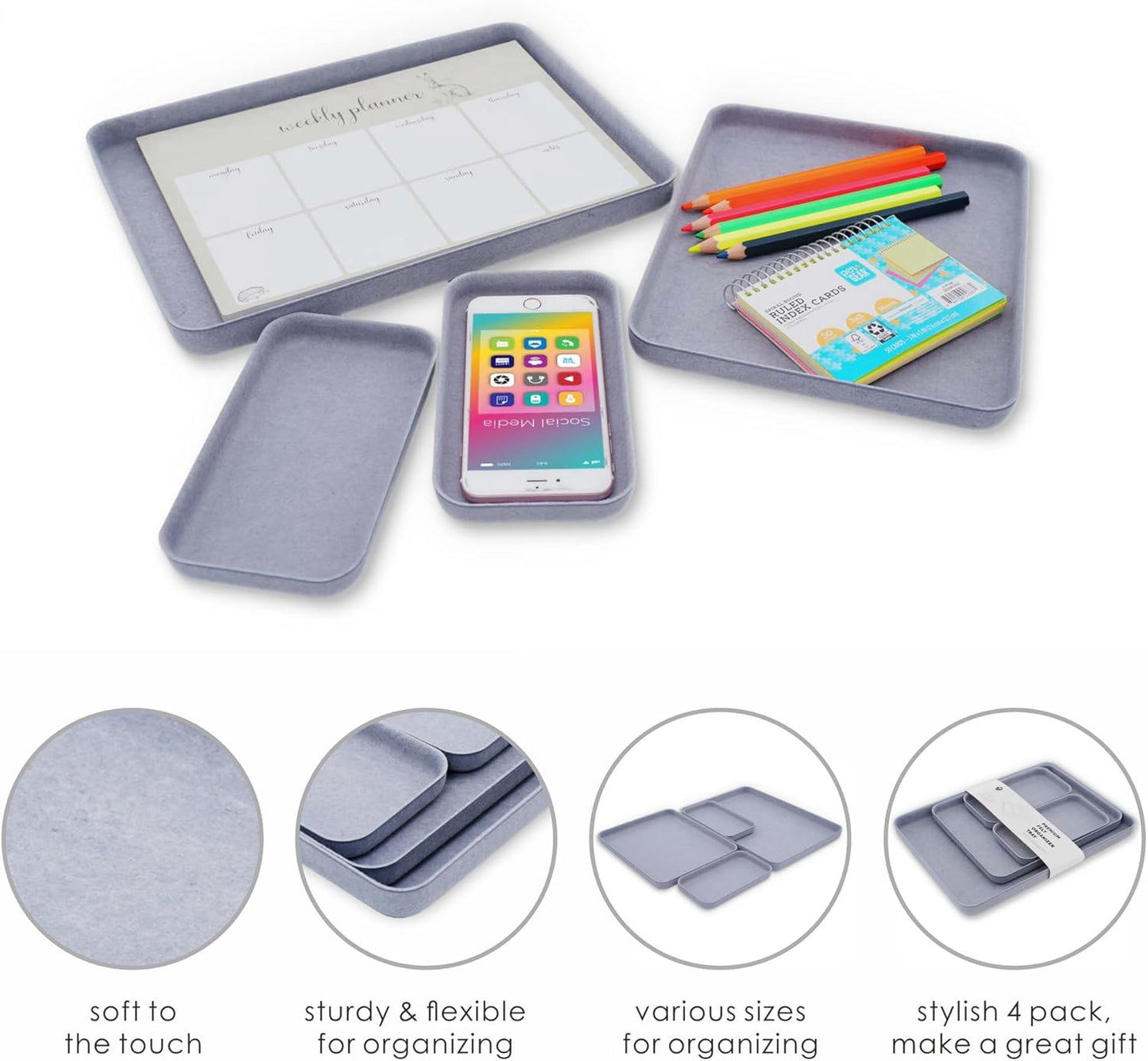 Welaxy EDC Catchall Desk Organizer felt tray stylish nightstand multi tray Entryway Bedside Caddy for Keys Phone Wallet Watch Glasses Pens Office Accessory minimalist living 4-piece (Glacier Gray)