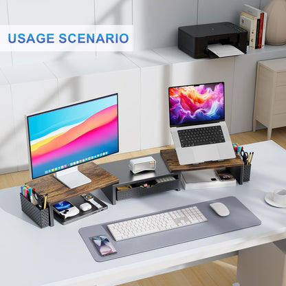 gianotter Dual Monitor Stand Riser, Desk Organizer With Drawer and 2 Pen Holders, Computer Monitor Stand, Shelf for Top of Desk, Black