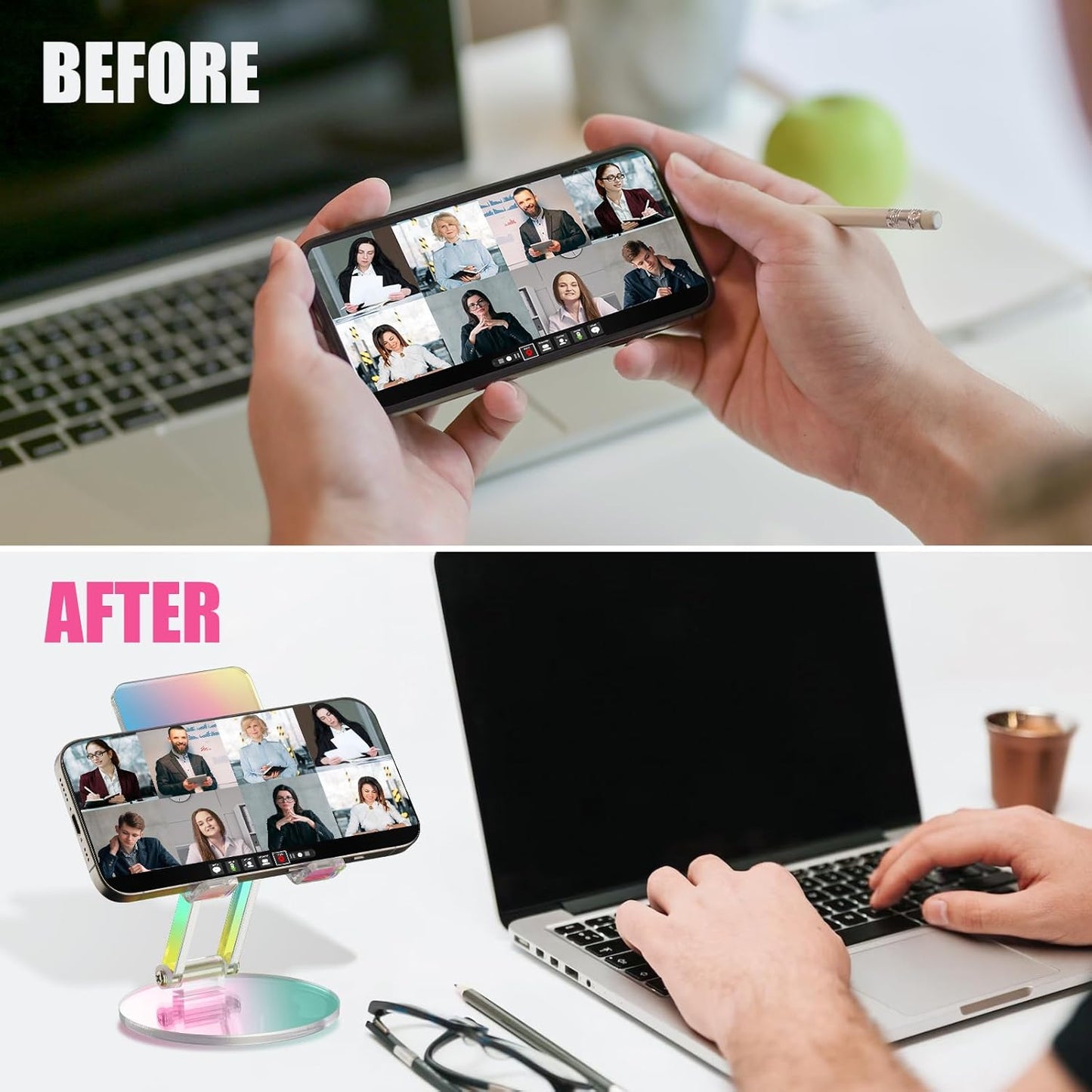 Tomorotec Iridescent Acrylic Cell Phone Stand, Portable Phone Holder for Desk Non-Slip Desktop Smartphones Holder Compatible with iPhone Samsung Galaxy Pixel Phone Cradle Dock Home Office