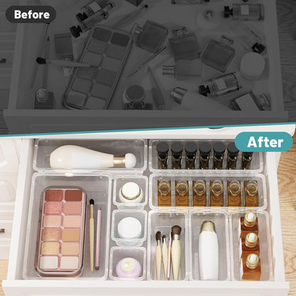 WOWBOX 32 PCS Clear Plastic Drawer Organizer Set, 4 Sizes Desk Drawer Organization and Storage Containers for Makeup, Cosmetics, Jewelry and Gadgets in Kitchen, Bathroom, Bedroom, Office, Clear Black