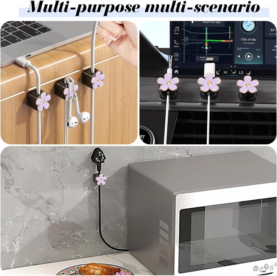 Magnetic Cord Organizer, Easy Secure Adhesive Cable Management, Wire Holder Organizer, Hide Or Organize Phone USB Charger Cable Clips for Home,Office,Car,Desk,Nightstand (White Flower-8 Pack)