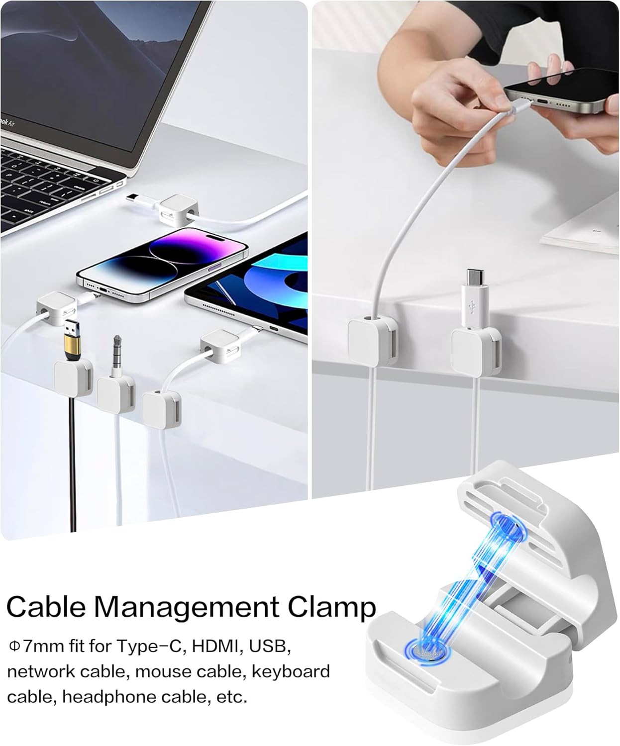 10 Pack Desk Cable Strong Adhesive Management Clips，Organize Phone Charging Magnetic Cable Wire Holder, Easy to Open, for Desk, Wall, Office, Car,Nightstand(Black)