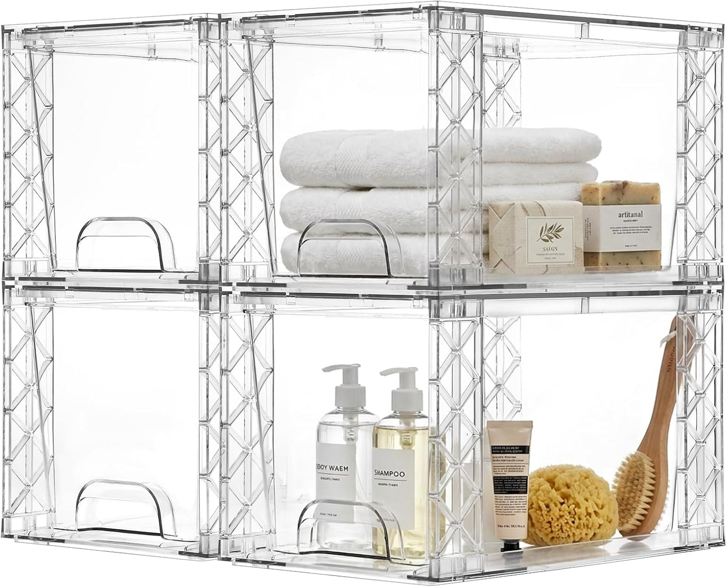 Bathroom Organizers and Storage Boxes 4pack, 7in Stackable Storage Drawers Plastic Simply Assembled Containers Bins Suitable for Cosmetics, Bathroom, Kitchen, Cabinets, and Snack Storage Boxes