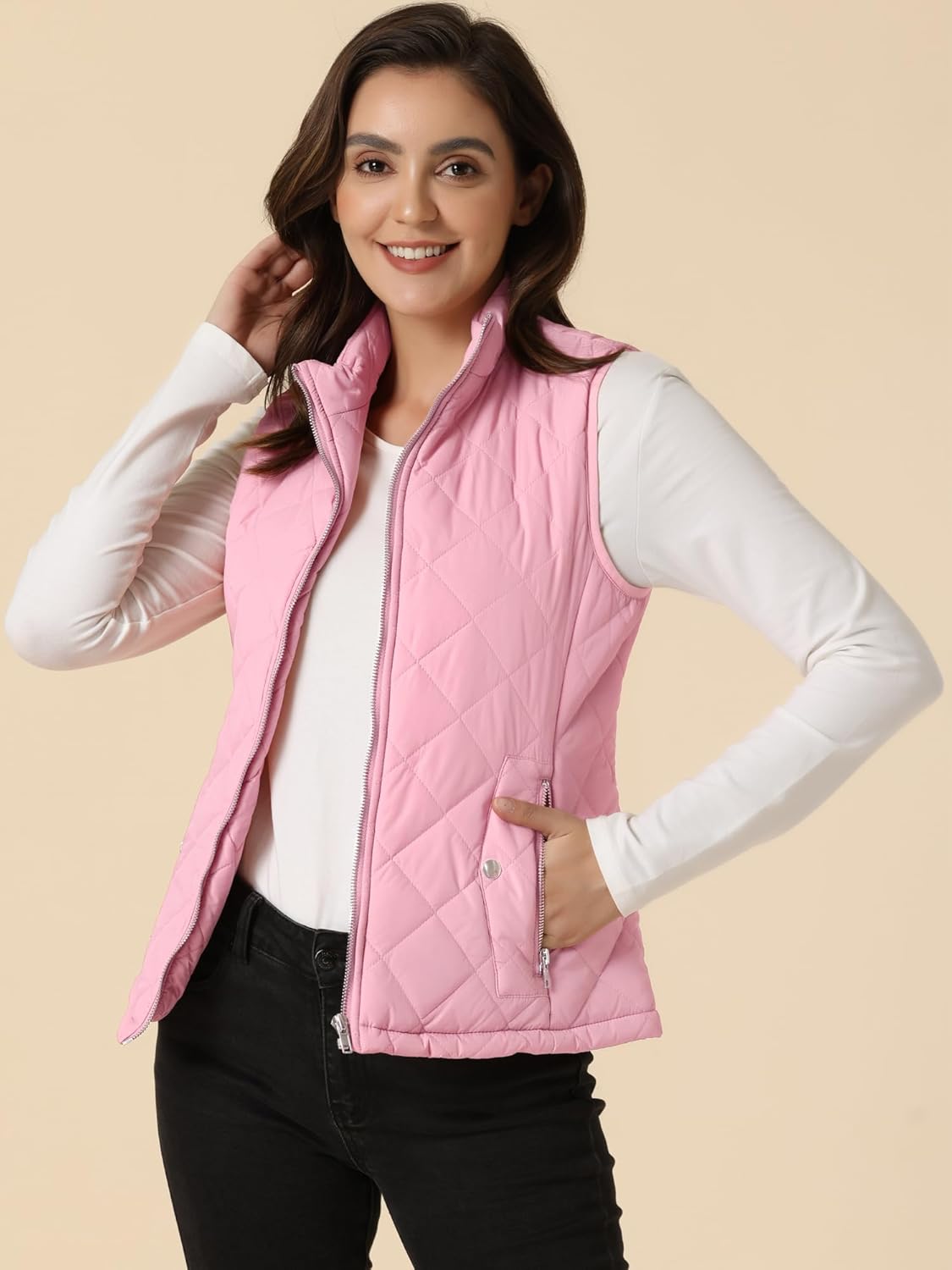 Allegra K Women's Puffer Vest Stand Collar Lightweight Gilet Quilted Zip Vest
