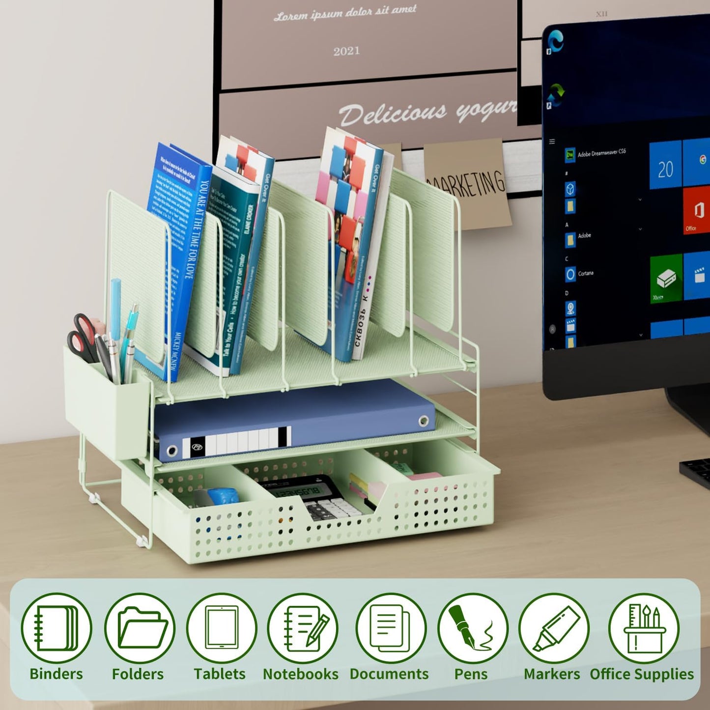 LEKETREE Desk Organizer, Office Organization with Vertical File Holder, File Organizer with Drawer and Pen Holder, Desk Accessories and Workspace Organizers for Home Office (Black)