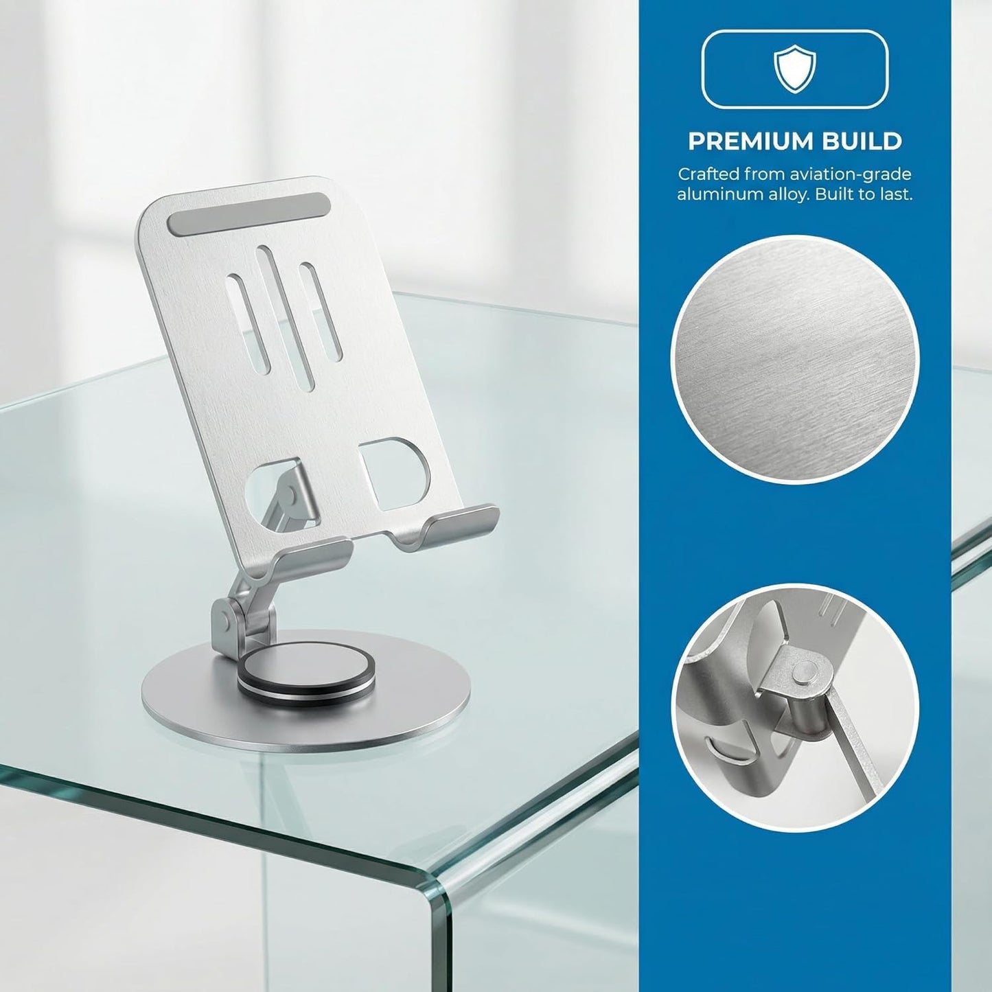 Universal Metal Cell Phone Stand, Multi-Angel Adjustable 360° Rotation Non-Slip Metal Phone Stents (Aurora Silver)