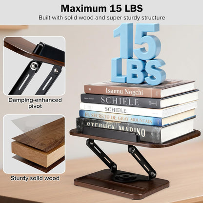 Book Stand with Light & Storage, Book Holders for Reading Hands Free, Wooden Cookbook Stand with Adjustable Height & 360 °Angle for Recipe,Magazine,Laptop,Tablet, Bible