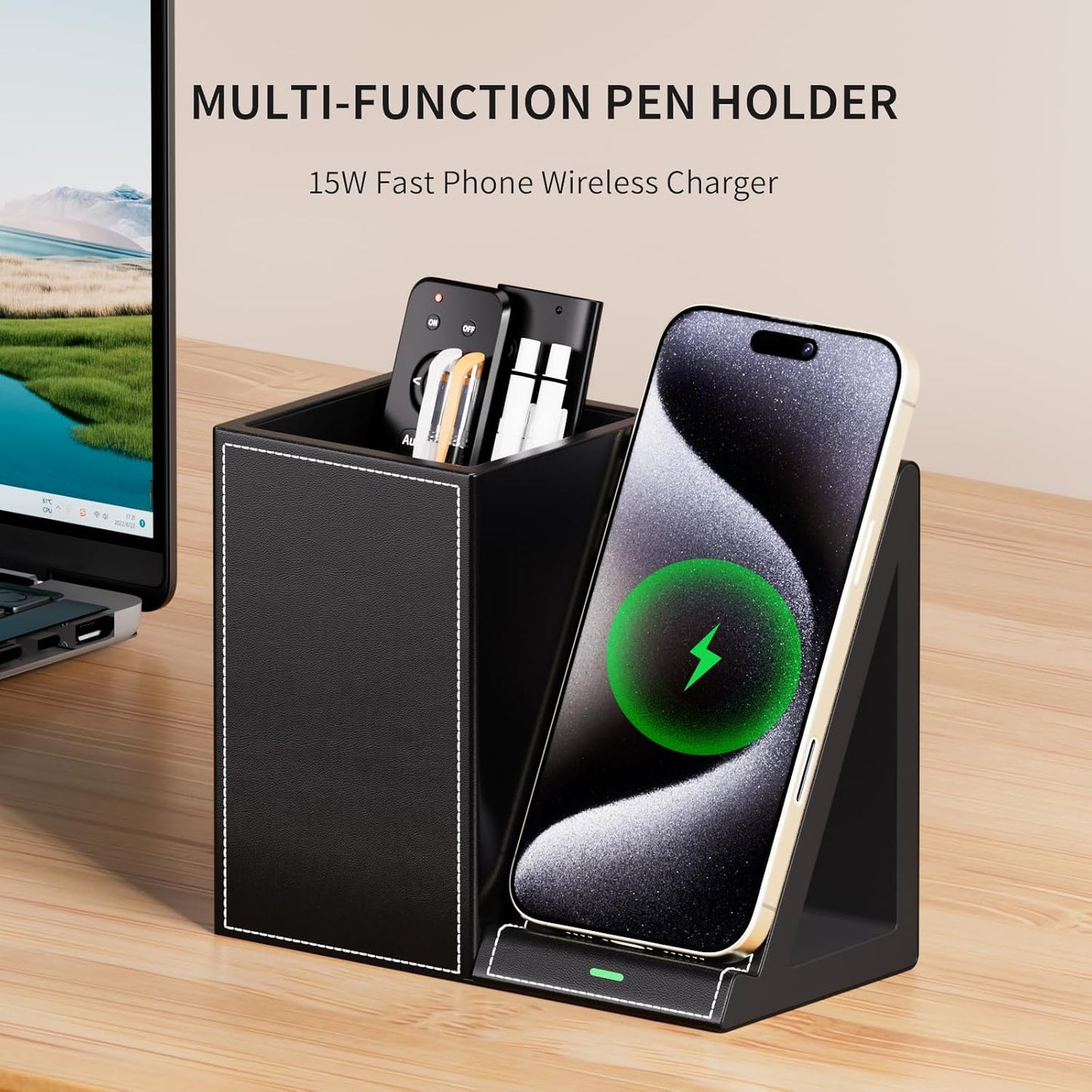 Multi-Functional Pencil Holder for Desk, Desk Organizers and Accessories with 4 Compartments for Office Art Supplies,Desk Phone Stand Charger for Desktop/Counter,Wihte Office Storage for Pens, Keys