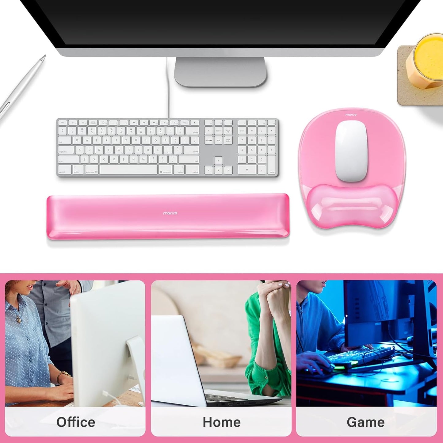 MOSISO Gel Wrist Rest Support for Mouse Pad&Keyboard Set, Irregular Oval Ergonomic Mousepad Keyboard Pad Non-Slip Base Home/Office Pain Relief&Cooling Gel Easy Typing Pad for Computer Laptop, Pink