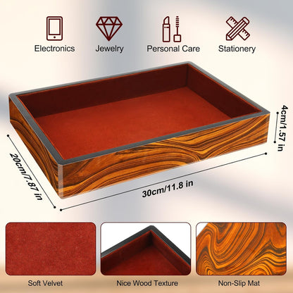 Wooden Valet Tray with Velvet Lining, EDC Desktop Catchall Organizer, Storage Tray for Jewelry, Wallets, Watches, Keys, Glasses, Perfect for Nightstand, Dresser, Entryway Bedside