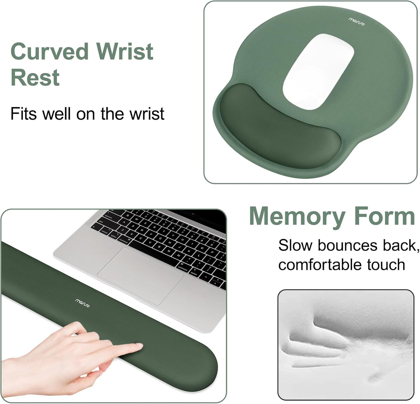 MOSISO Wrist Rest Support for Mouse Pad&Keyboard Set, Circle Curved Ergonomic Mousepad&Coaster Non-Slip Base Home/Office Pain Relief&Easy Typing Pad with Soft Cloth&Silicone Lining, Antique Green
