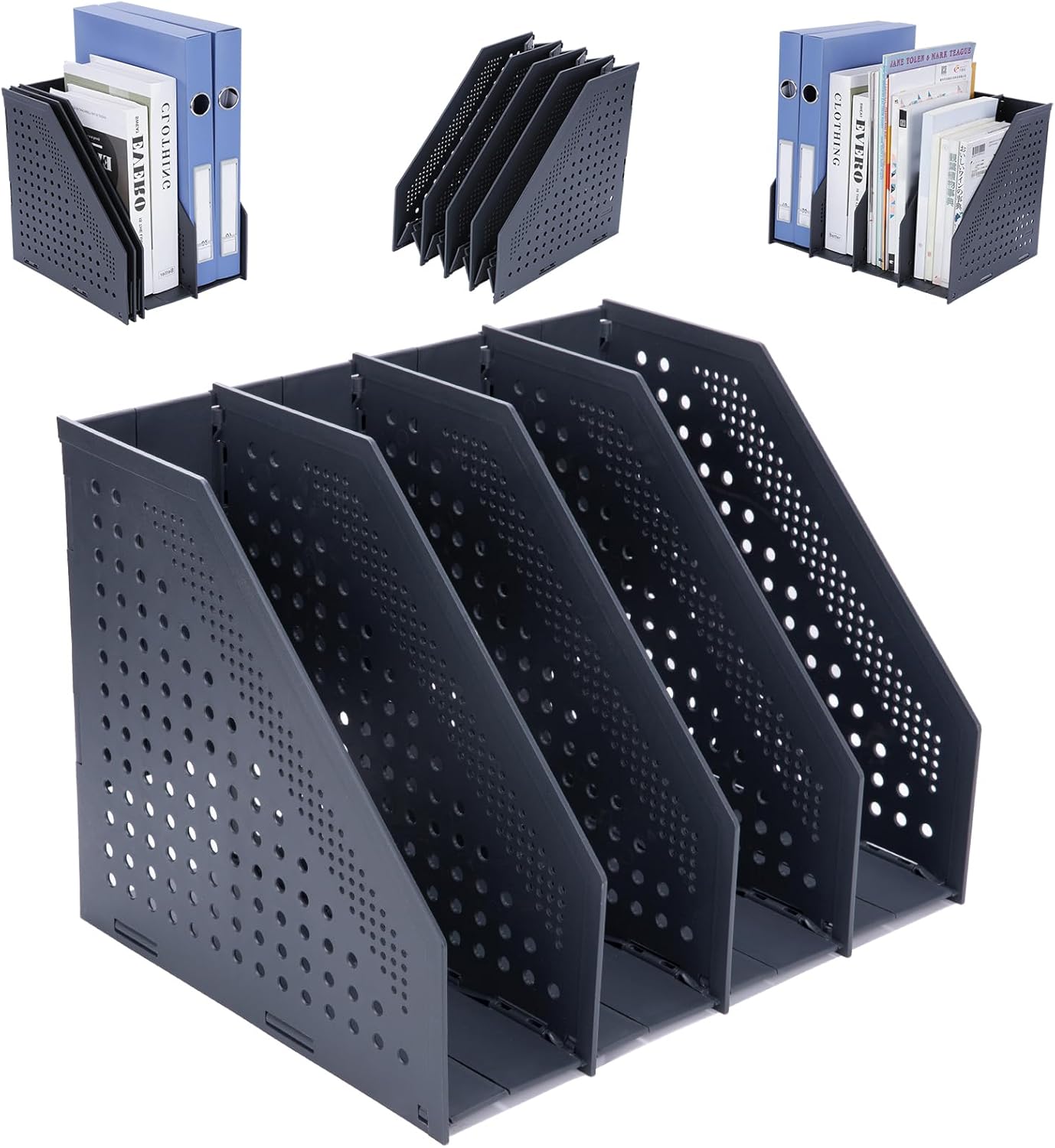 FRETONBA Collapsible Magazine File Holder with 2 Vertical Compartments Foldable Binder Holder for Desk Binder Storage Organizer Plastic Magazine Holders for Shelf, Dark Gray