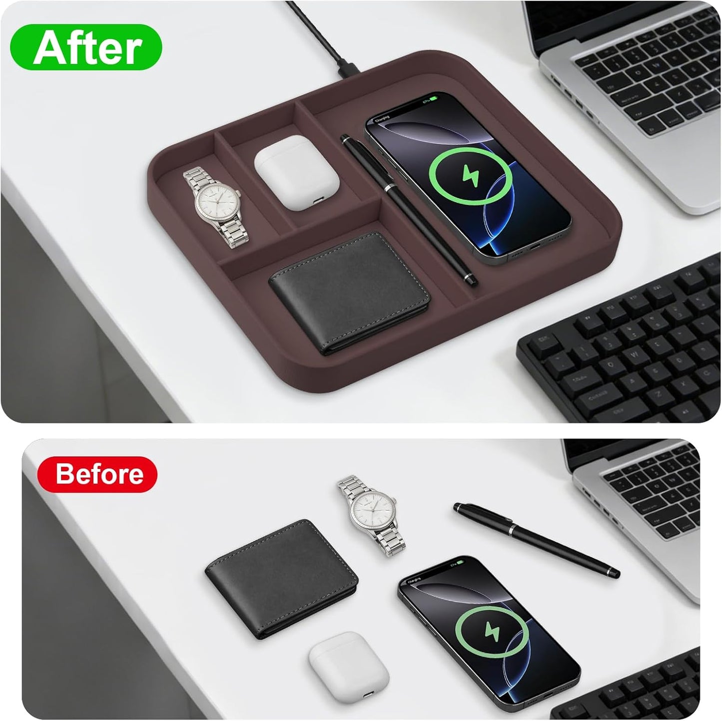VOVIPO Birthday Gifts Bedside Organiser-Faux Leather Valet Tray With Wireless Charger For Phone And Earbuds,Nightstand Organizer,Mens Jewelry Box,Office Desk Organizers