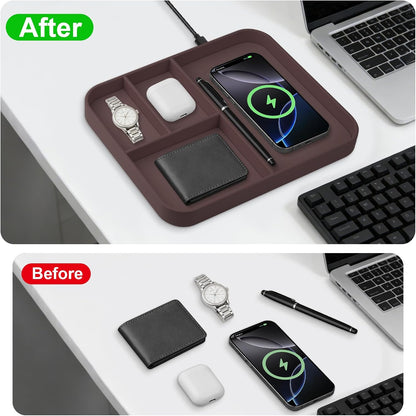 VOVIPO Birthday Gifts Bedside Organiser-Faux Leather Valet Tray With Wireless Charger For Phone And Earbuds,Nightstand Organizer,Mens Jewelry Box,Office Desk Organizers