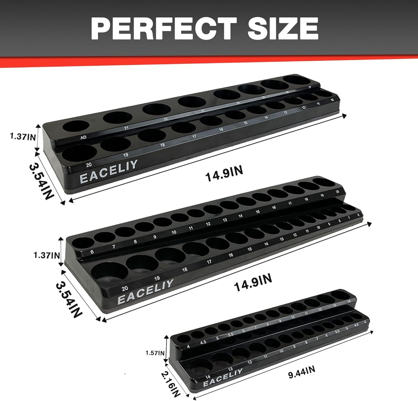 EACELIY 6-Piece Magnetic Socket Organizer Set, 1/2", 1/4" and 3/8" SAE & Metric Deep & Shallow Socket Holder Kit, holds 141 stanard Sockets, attaches to steel box/tool cart (sockets not included)