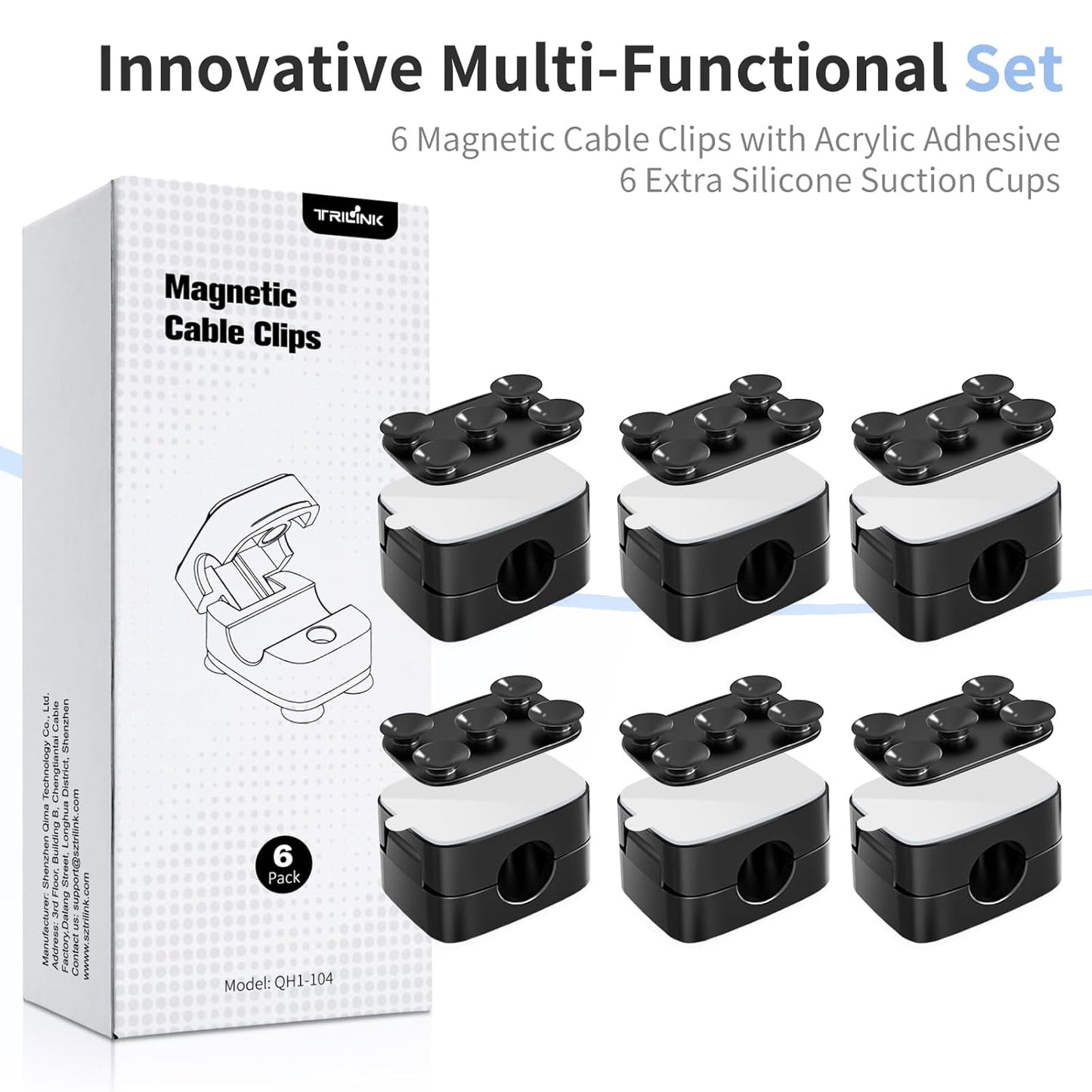 6-Piece Magnetic Cable Clips Set with 6 Silicone Suction Cups for Cable Management | Magnetic Cord Holder and Organizer Keeper for Home Office, Desk, Phone, Car, Wall, and Nightstand