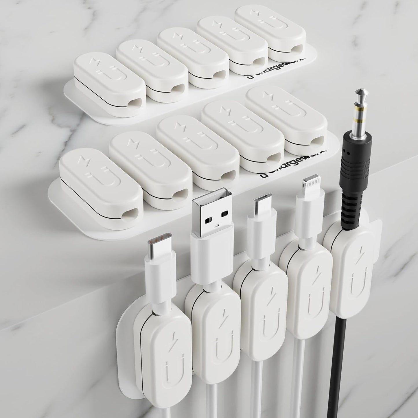 CHARGEWORX Pack of 5 Magnetic Cable Clips, Adhesive Cord Organizer for Desk, Nightstand, Wall or Car, Wire Holder for USB-C, Lightning and Micro-USB Cables